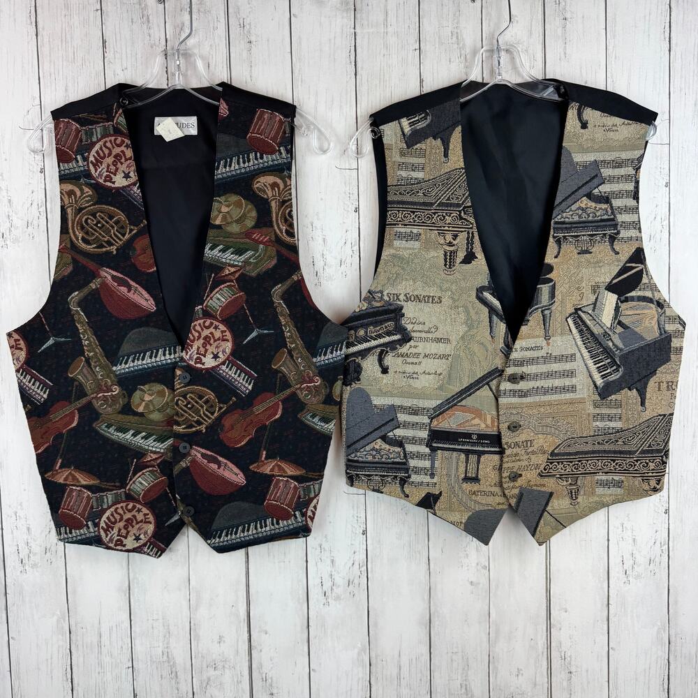 VTG Attitudes Black Grand Piano Classical Music Tapestry Vests Size Medium & XL